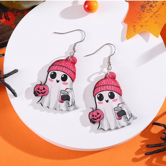 Ghost Holding Pumpkin and Drink Earrings NIP - Picture 2 of 6